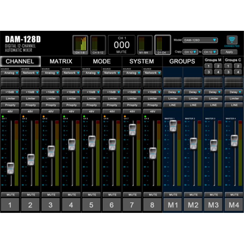 Фото 12-канальный цифровой автоматический микшер с интерфейсом Dante RELACART DAM-128D